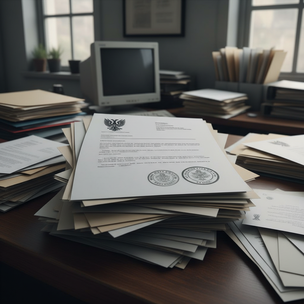 Stack of official-looking documents with fake government letterheads and seals, bureaucratic office setting, papers scattered on desk, realistic lighting, professional photography style, no text