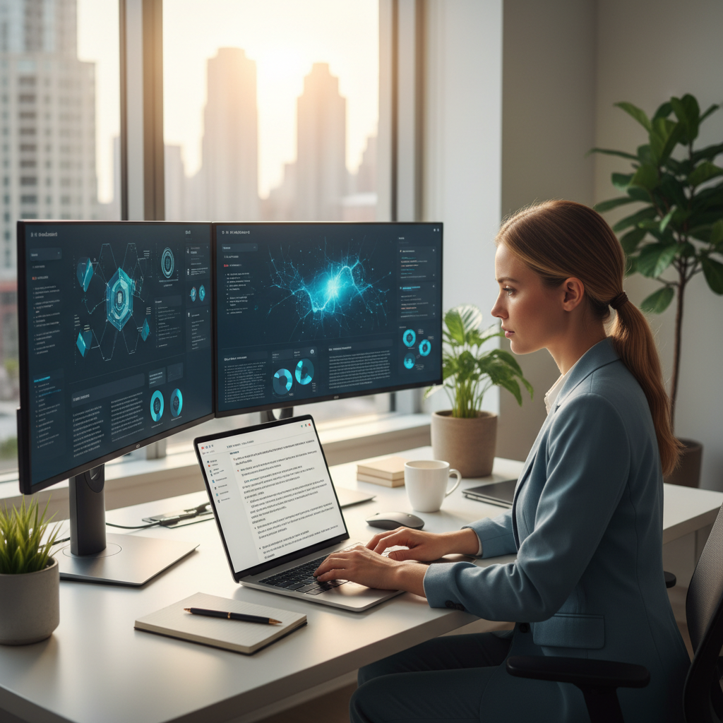Professional woman at desk using AI writing tools on laptop, multiple screens showing AI interfaces, modern office environment, focused expression, natural lighting, lifestyle photography, no text