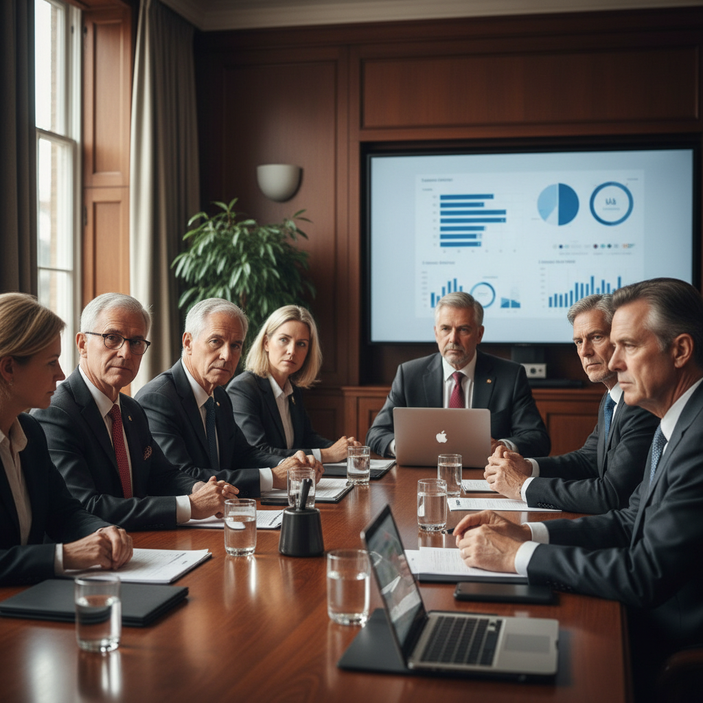 Conservative politicians in meeting room discussing renewable energy policies, formal business attire, serious expressions, professional conference setting, natural indoor lighting, no text