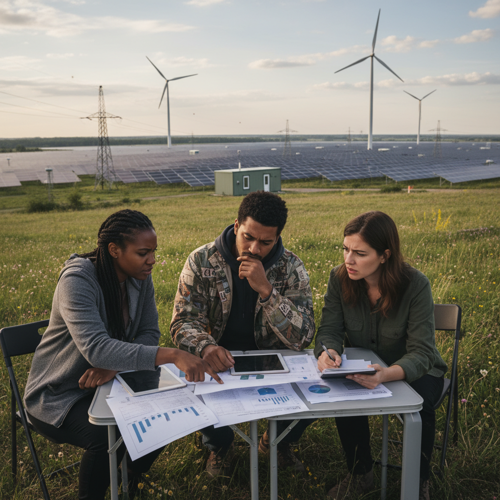 Environmental activists looking concerned while reviewing documents, outdoor setting with renewable energy infrastructure in background, serious expressions, documentary photography style, natural lighting, no text