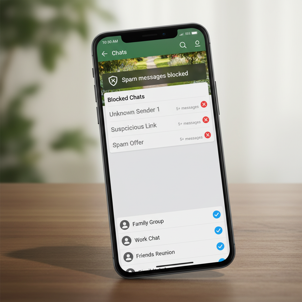 A smartphone screen showing WhatsApp interface with clean messaging environment, spam messages being blocked, realistic mobile photography with soft lighting, no text in image