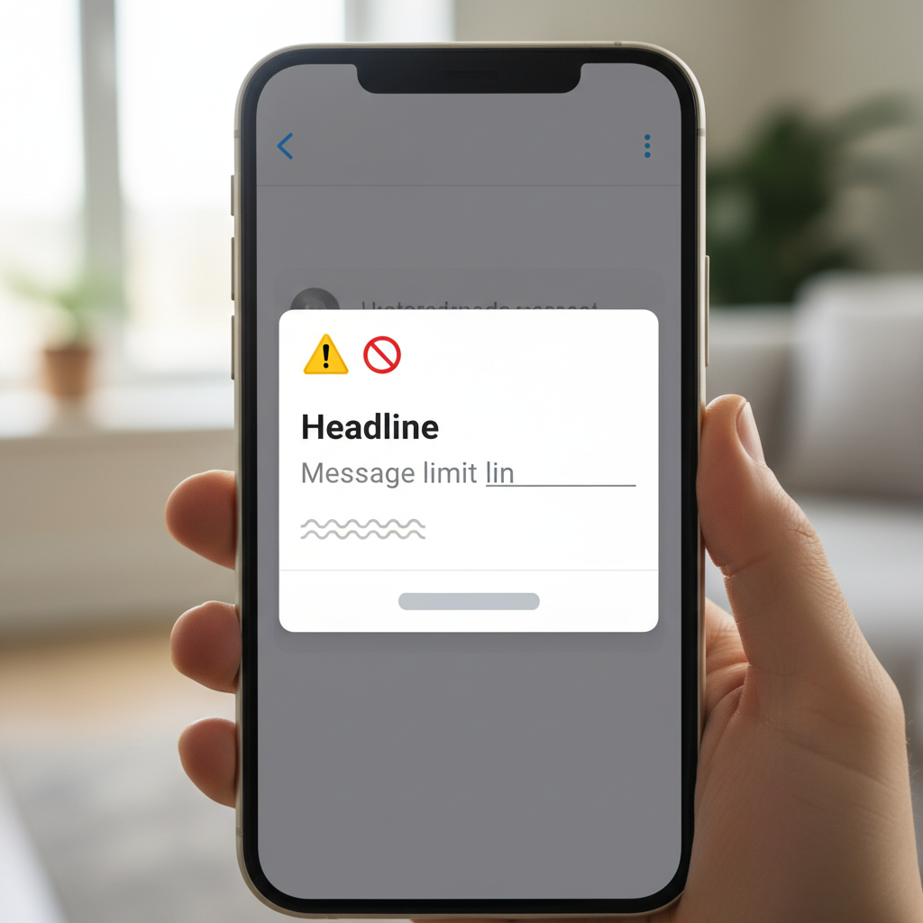 WhatsApp warning popup notification on smartphone screen showing message limit alert, clean mobile interface design with warning symbols, realistic photography with natural lighting, no text