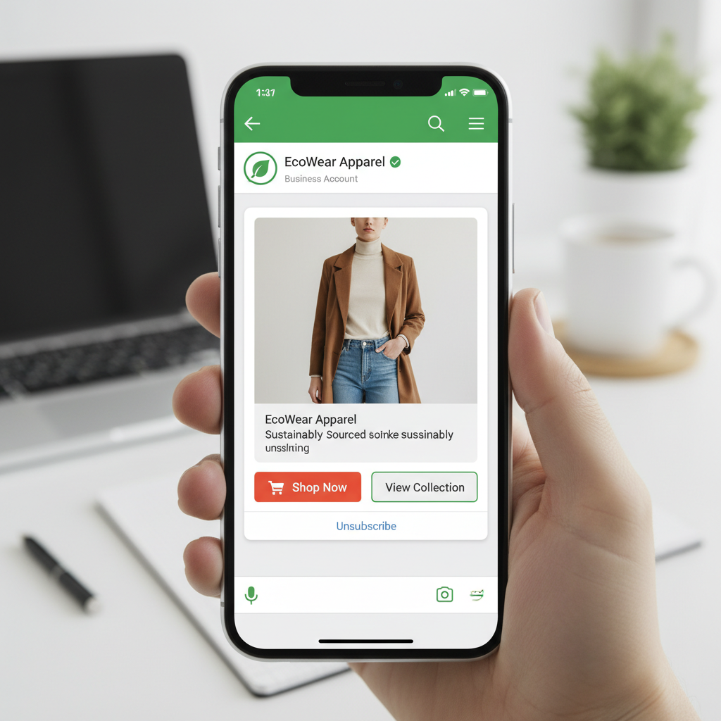 Business messaging interface on WhatsApp showing marketing message controls and unsubscribe options, clean smartphone interface with professional business elements, realistic mobile photography, no text