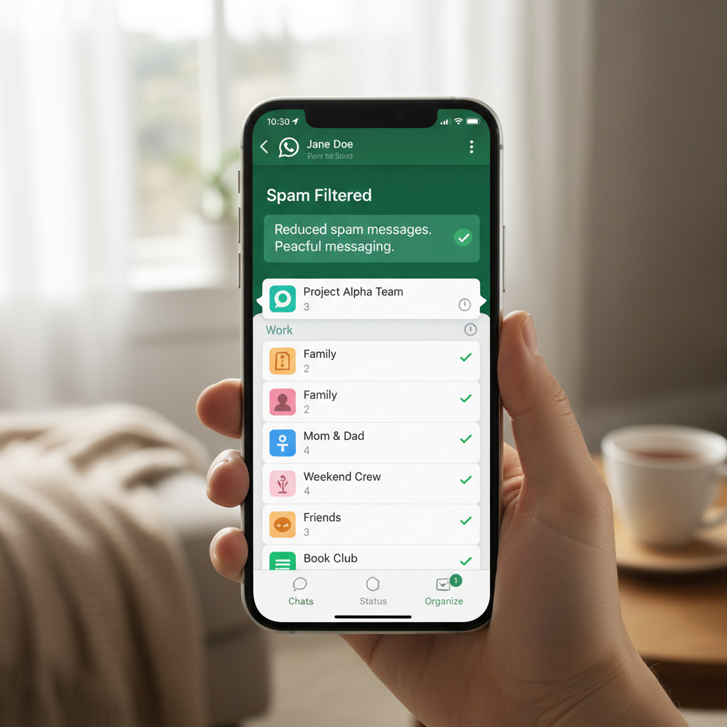 Clean and organized WhatsApp chat interface showing reduced spam messages, peaceful messaging environment with organized conversations, lifestyle photography with soft natural lighting, no text