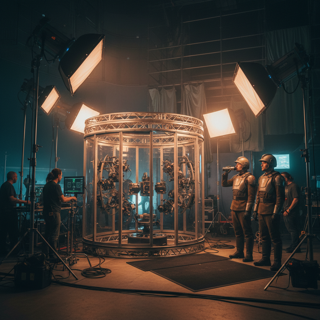 A film set with multiple cameras arranged in a scanning booth, professional lighting equipment, actors in costume waiting nearby, realistic cinematography style, modern film production environment, no text
