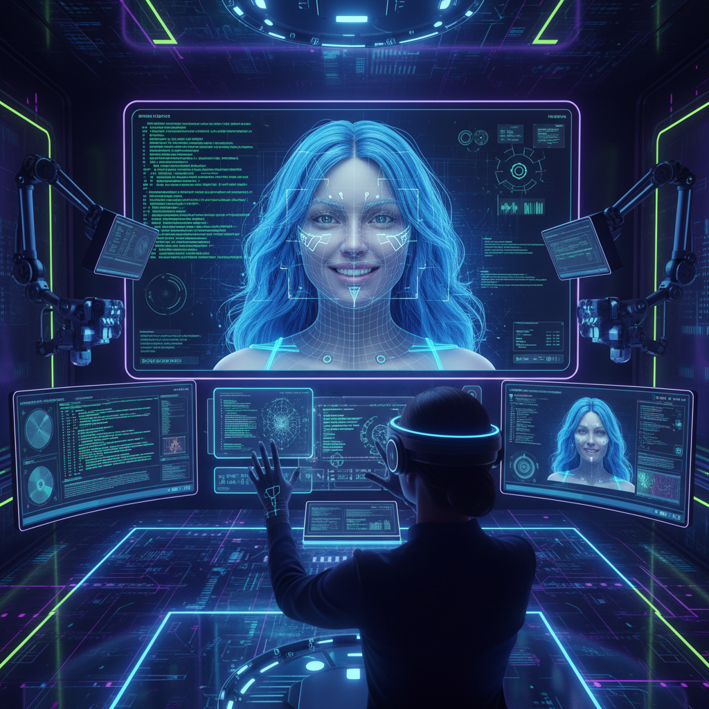 Digital avatar creation process showing AI-generated human-like character, computer screens with facial mapping technology, futuristic digital studio environment, high-tech atmosphere, no text