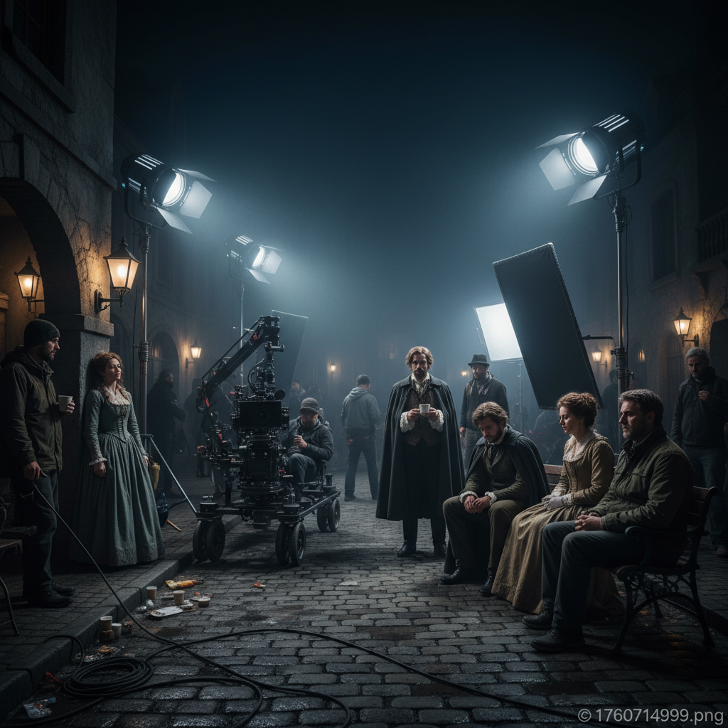 Late night film set with tired crew members, professional cameras and lighting equipment, actors in period costumes, exhausted atmosphere, realistic cinematography, no text