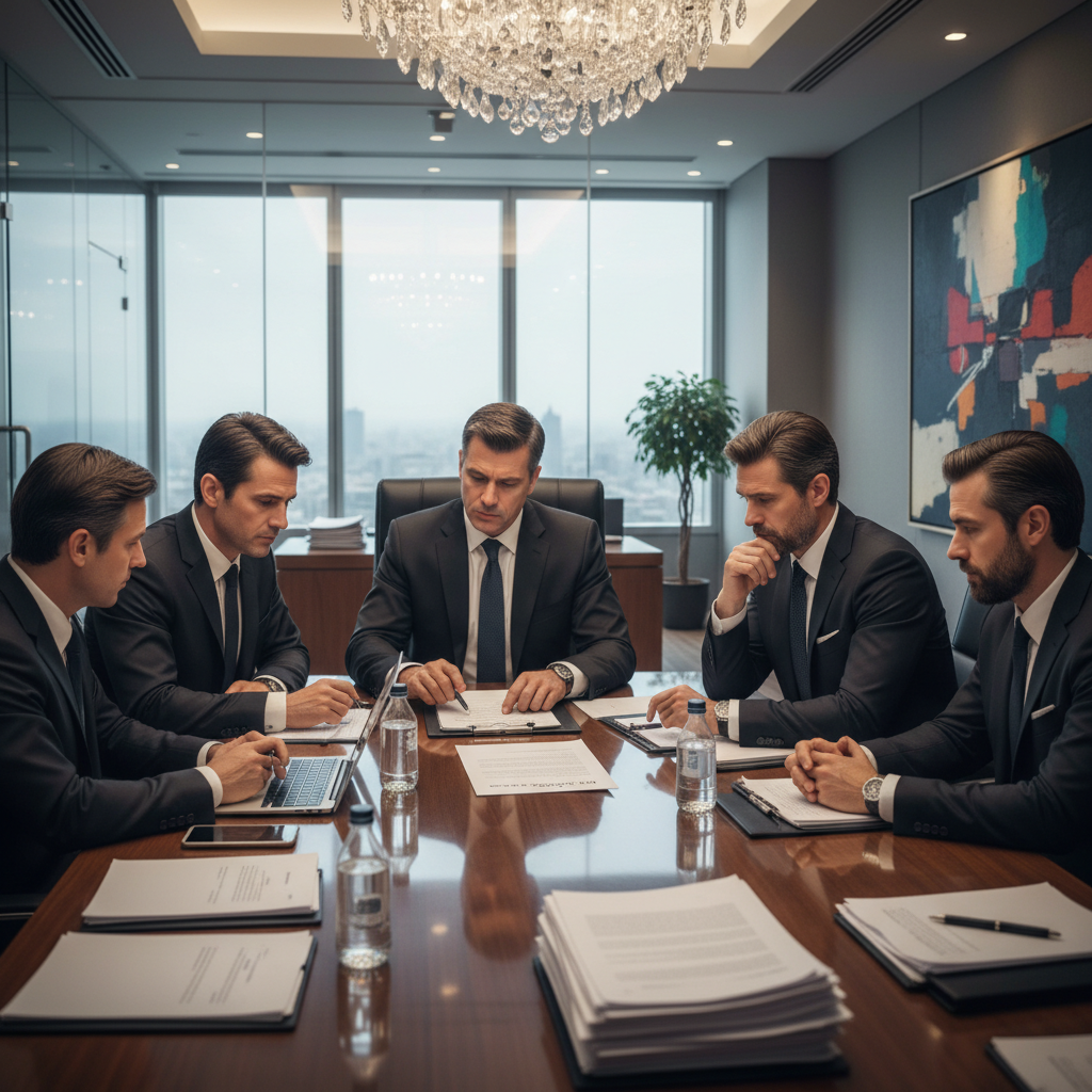 Film production meeting with directors, actors and legal representatives discussing contracts, conference room setting, serious business atmosphere, professional environment, no text