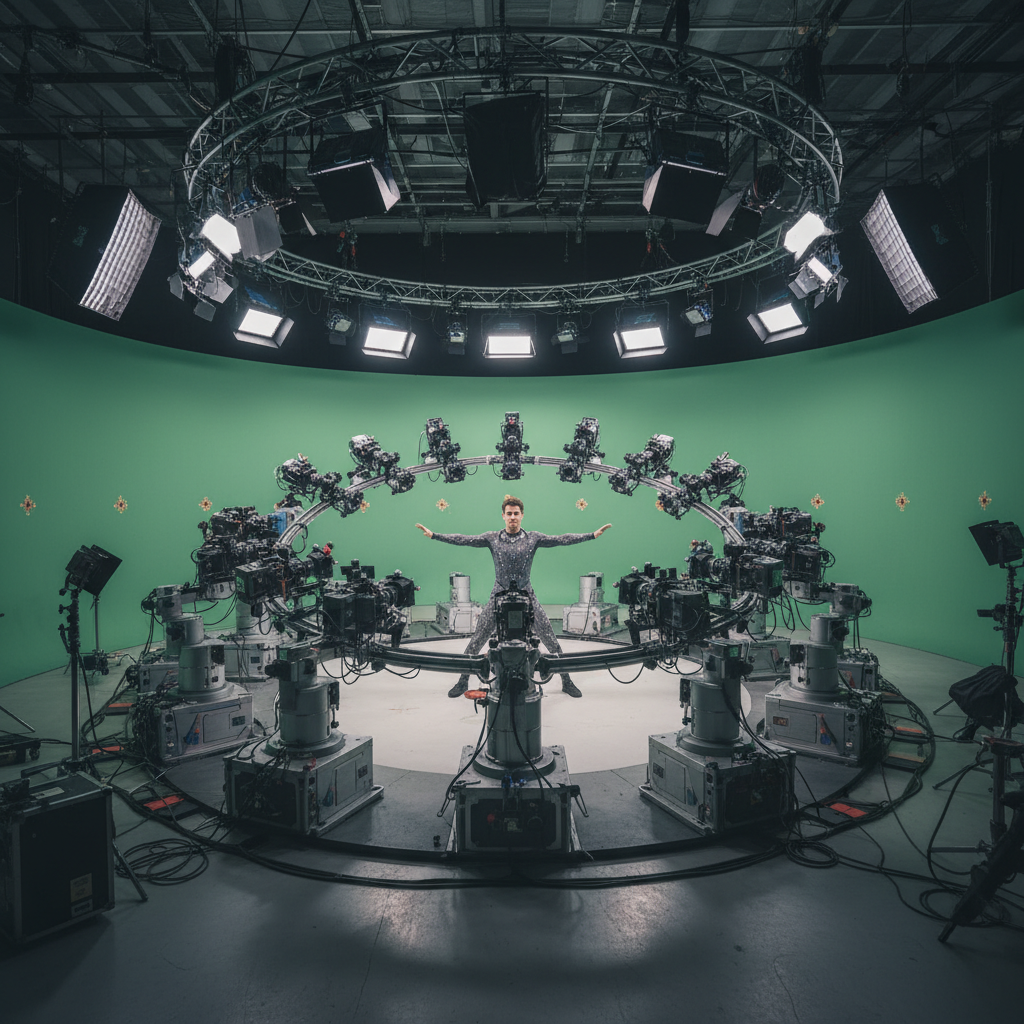 A film set with multiple cameras arranged in a circle around an actor, capturing body scan data. Professional lighting equipment, green screens in background, realistic cinematography style. No text.