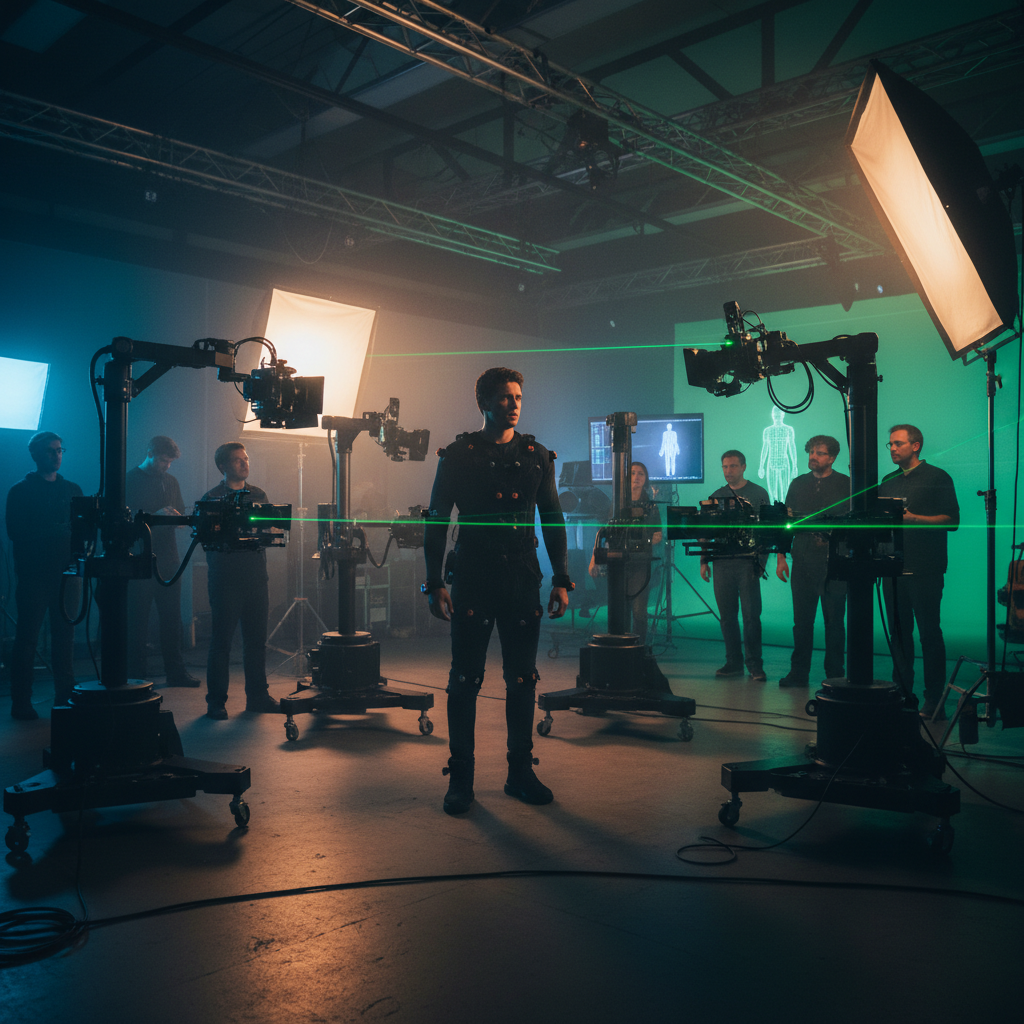 A young actor looking uncertain in a film studio surrounded by scanning equipment, with concerned expression. Professional film set atmosphere, dramatic lighting. No text.