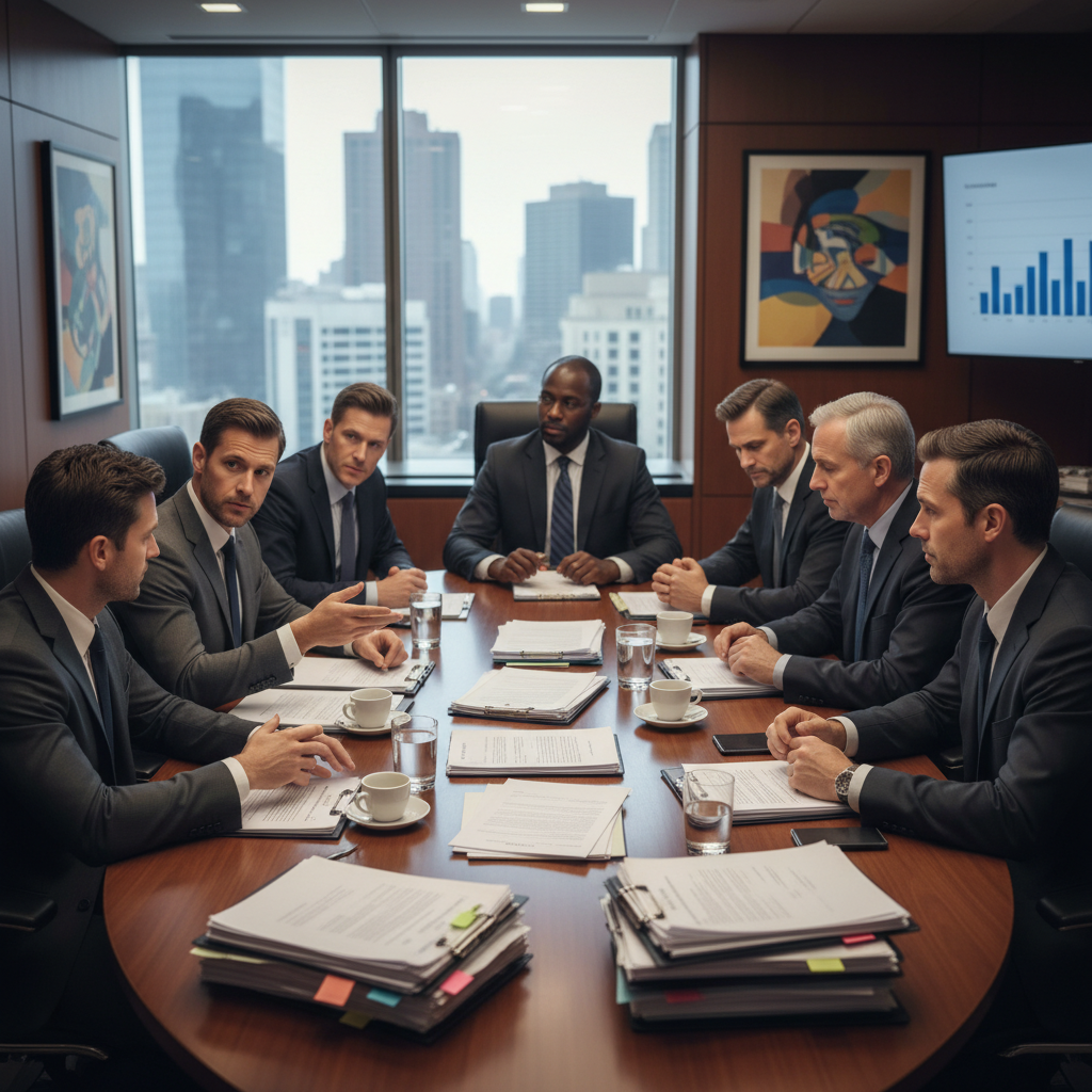 Professional meeting room with union representatives and industry executives discussing contracts, documents on table, serious business atmosphere. No text.