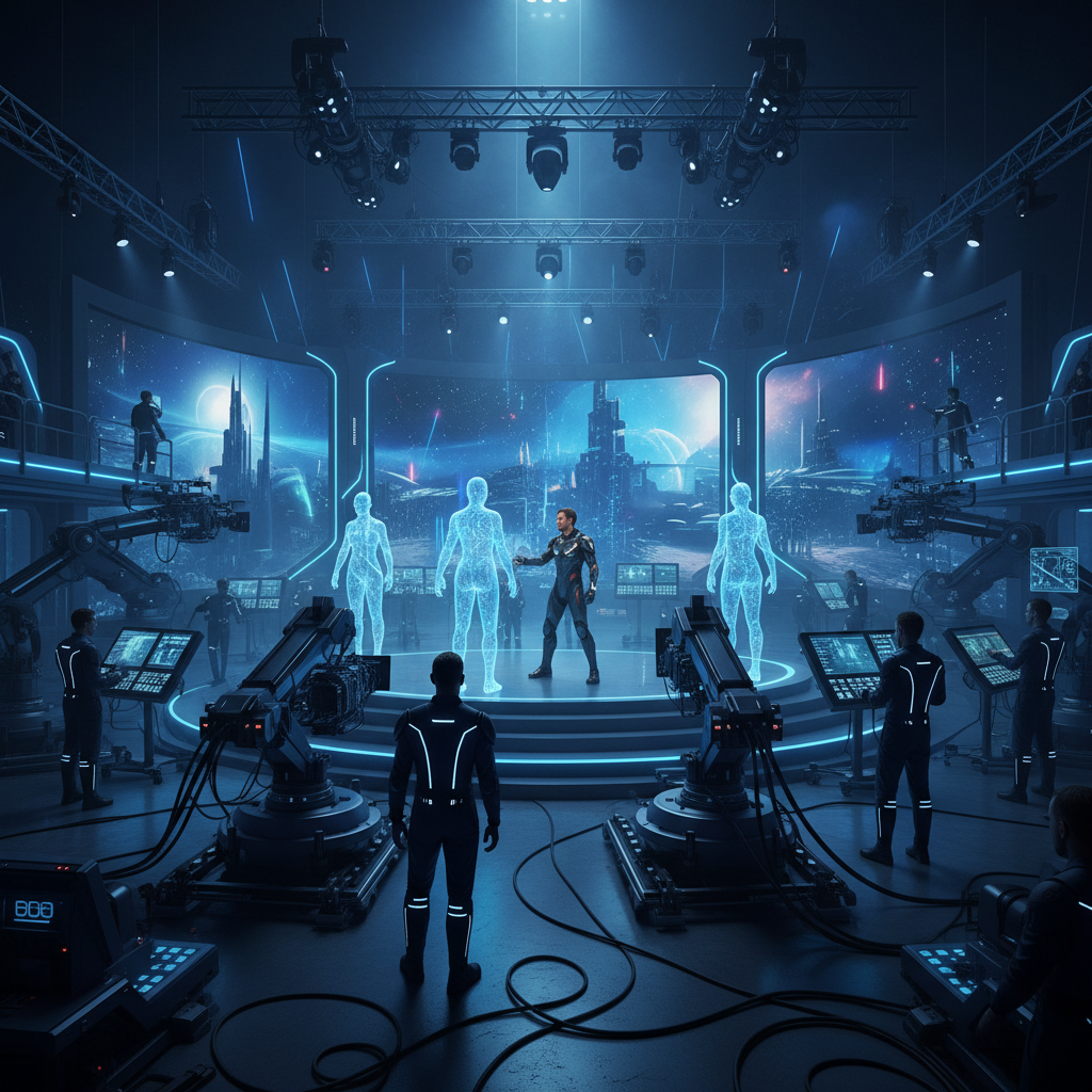 Futuristic film set showing both human actors and holographic AI performers, advanced technology equipment, sci-fi atmosphere with blue lighting. No text.