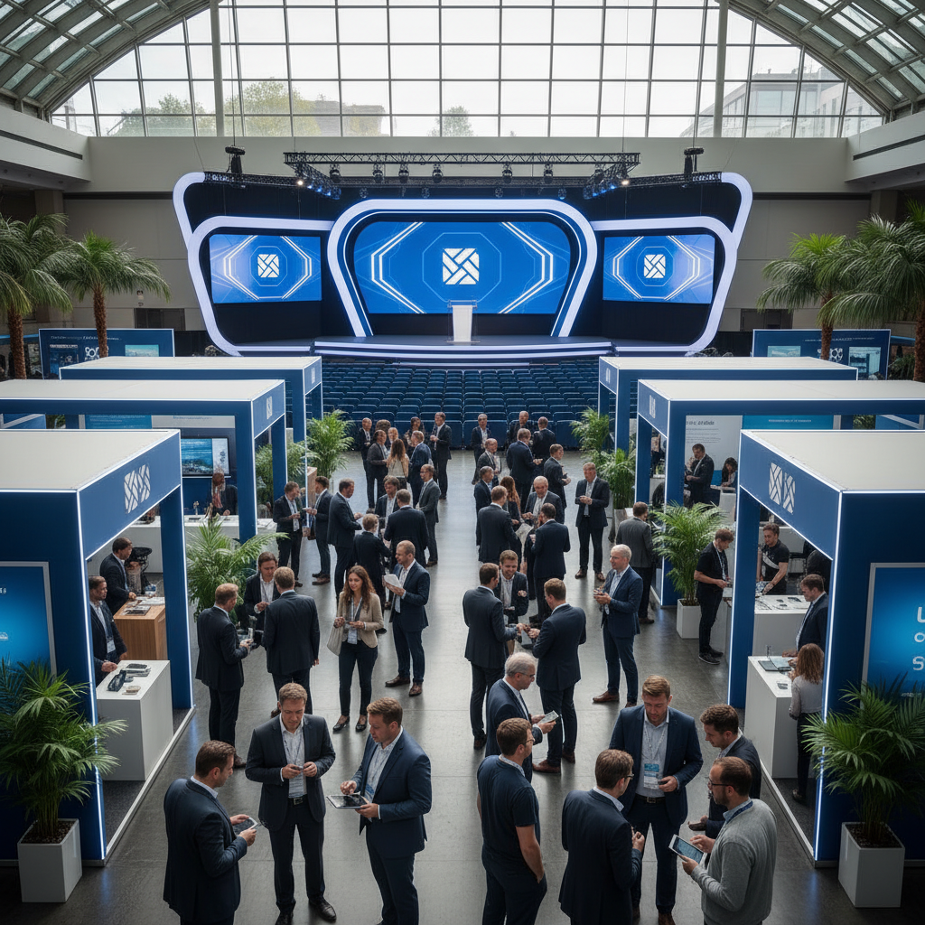 A bustling tech conference venue with modern stage setup, attendees networking in a bright convention center, startup exhibition booths, professional atmosphere with blue and white branding elements, natural lighting, lifestyle photography style, no text