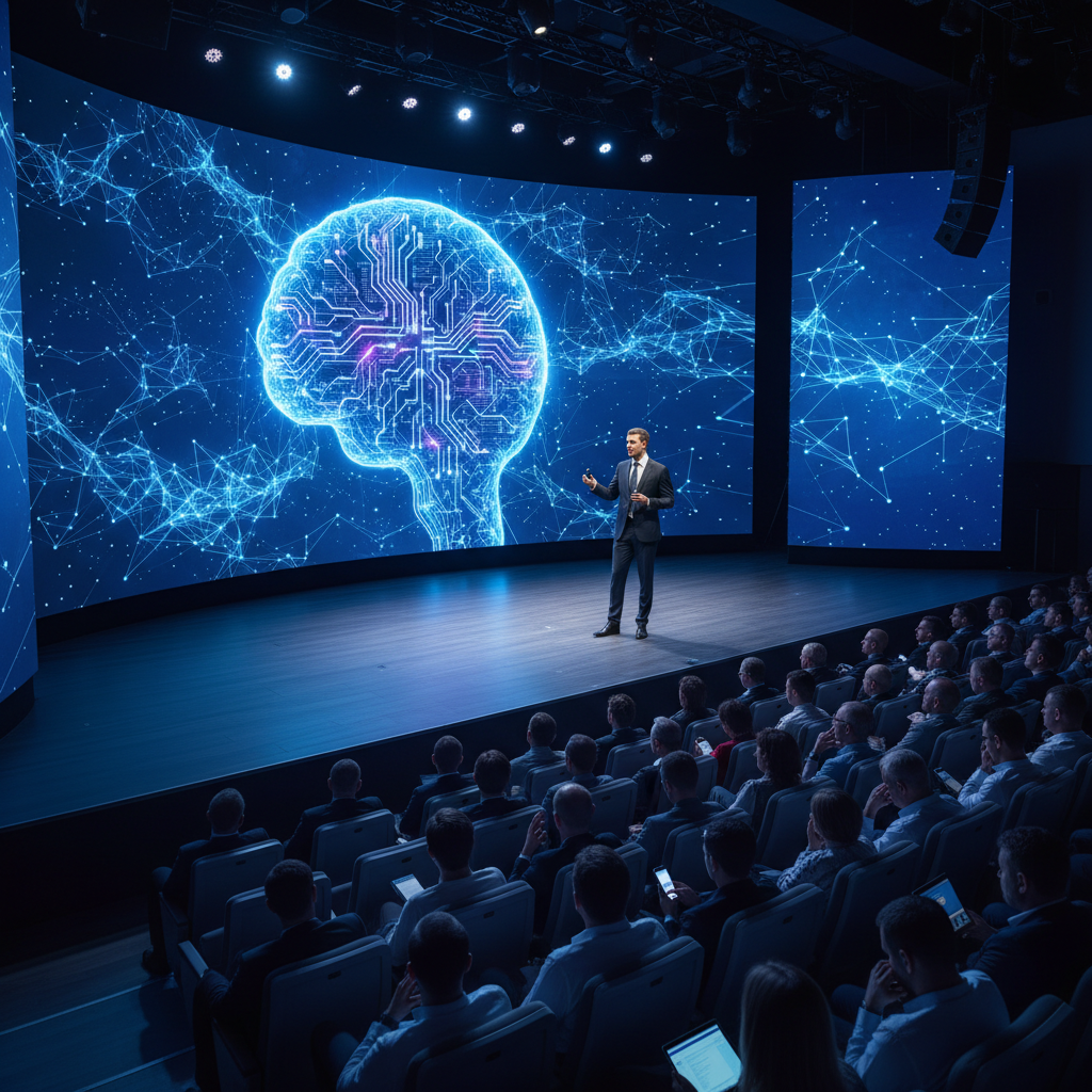 Professional conference presentation about AI technology, speaker on stage with large screen displaying AI graphics, engaged audience in modern auditorium, blue lighting atmosphere, business conference photography style, no text