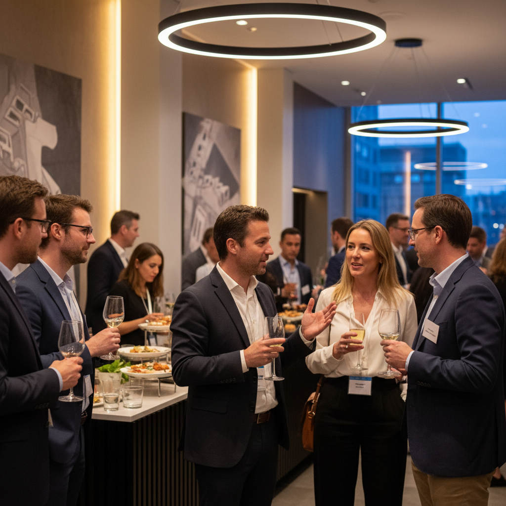 Professional networking reception with diverse business professionals holding drinks and engaging in conversations, modern venue with warm lighting, startup founders and investors mingling, elegant business casual atmosphere, lifestyle photography, no text