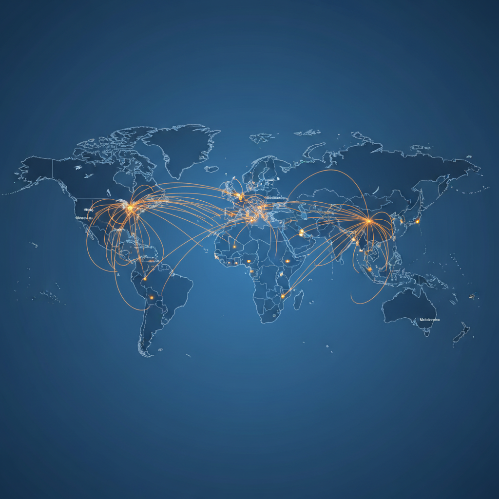 World map with connecting lines between major tech cities, representing global partnership network, modern infographic style with blue and orange color scheme, clean professional design showing international collaboration, no text