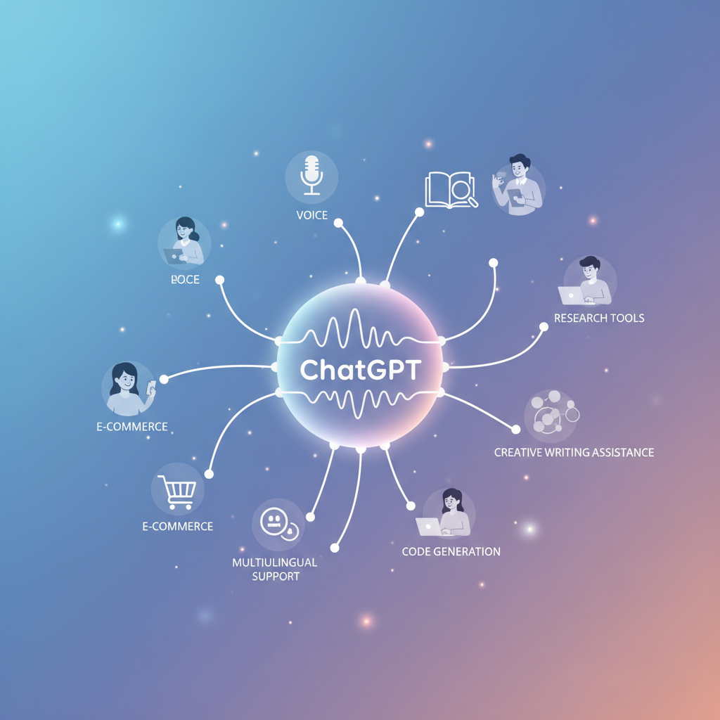 Clean infographic showing a timeline or progression of AI chatbot features, with "ChatGPT" prominently displayed as the central evolving entity. Dynamic lines connecting various new capabilities like e-commerce, voice, and research tools. Minimalist design, soft glowing colors, no text in image, clean infographic style. Korean people are subtly integrated into the design, demonstrating the user aspect.