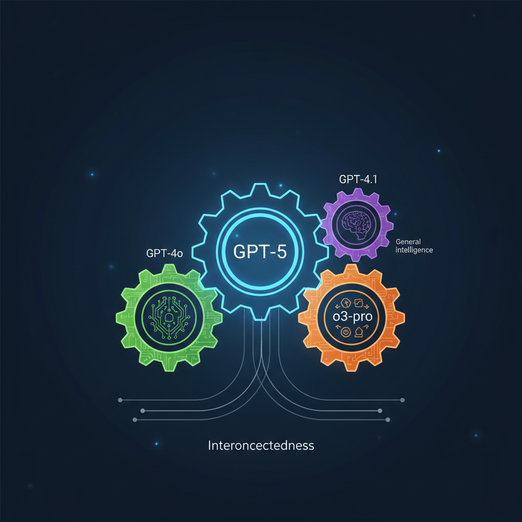 Infographic demonstrating the different GPT models (GPT-5, GPT-4o, GPT-4.1, o3-pro) as interconnected gears or layers, showing specialized functions like coding, reasoning, and general intelligence. Clean lines, futuristic aesthetic, no text in image, clean infographic style.