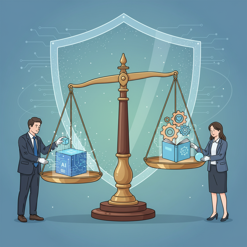 Illustrative scene showing a balance scale with "AI development" on one side and "Safety & Ethics" on the other, with human figures (Korean people) carefully adjusting the weights. A shield or protective barrier subtly in the background. Clean, thoughtful illustration, no text in image, illustration style.