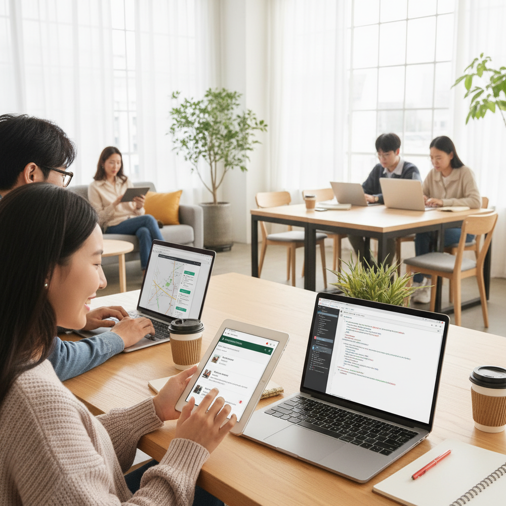 Lifestyle photography scene where a diverse group of Korean people are using ChatGPT on various devices (phone, laptop, tablet) for daily tasks like shopping, studying, coding, and planning, showing ease and efficiency. Bright, natural lighting, modern setting, no text in image, lifestyle photography style.