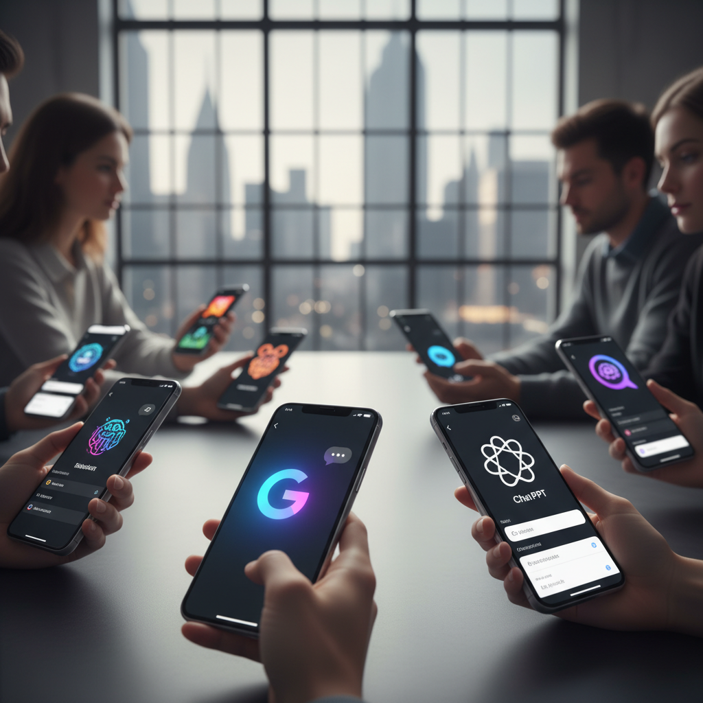 Competitive smartphone app marketplace scene showing multiple AI assistant apps on phone screens, Google Gemini and ChatGPT icons visible, modern tech environment with soft lighting, lifestyle photography style, no text