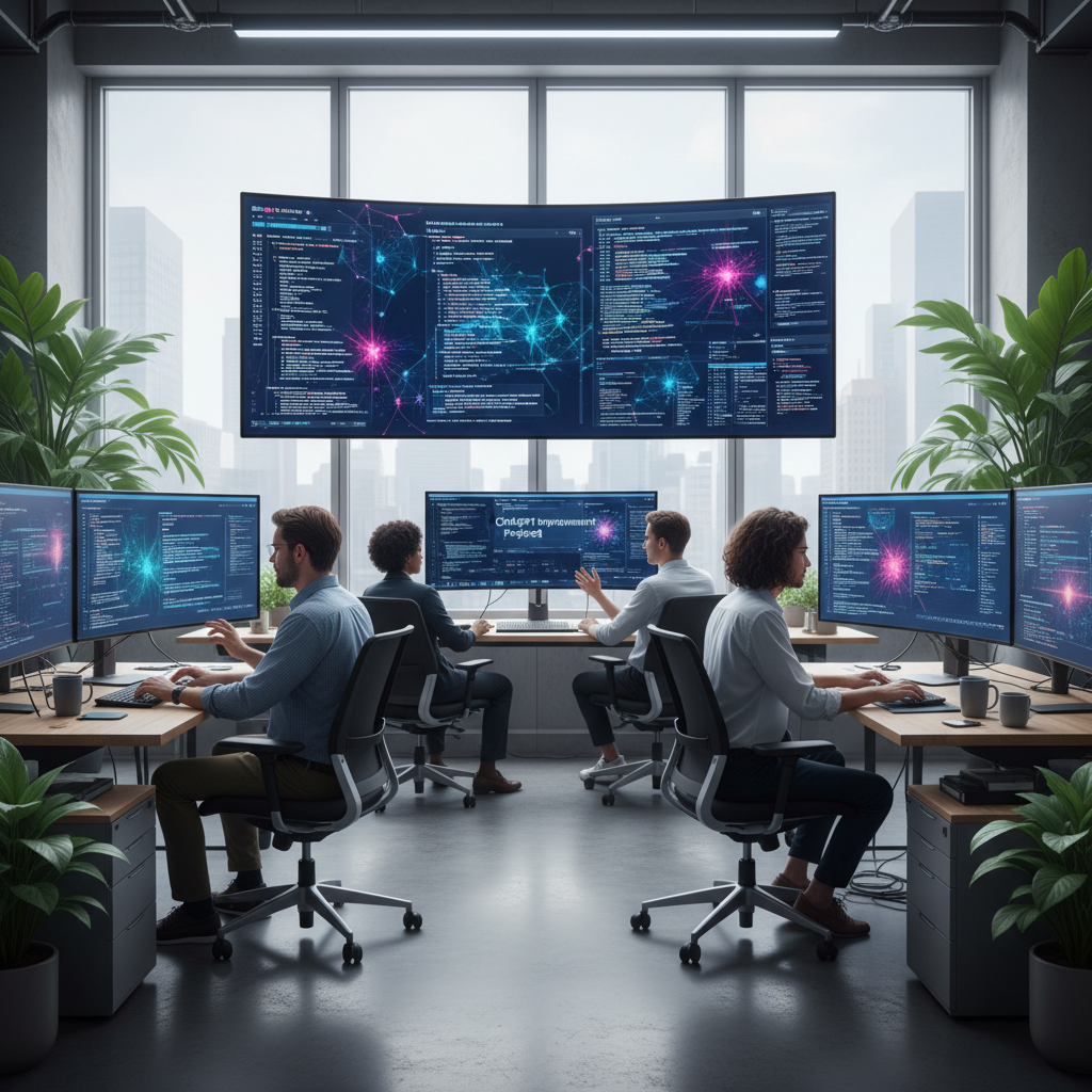 Modern tech workspace showing AI model development process, computer screens with code and neural network visualizations, developers working on ChatGPT improvements, clean office environment with natural lighting, no text