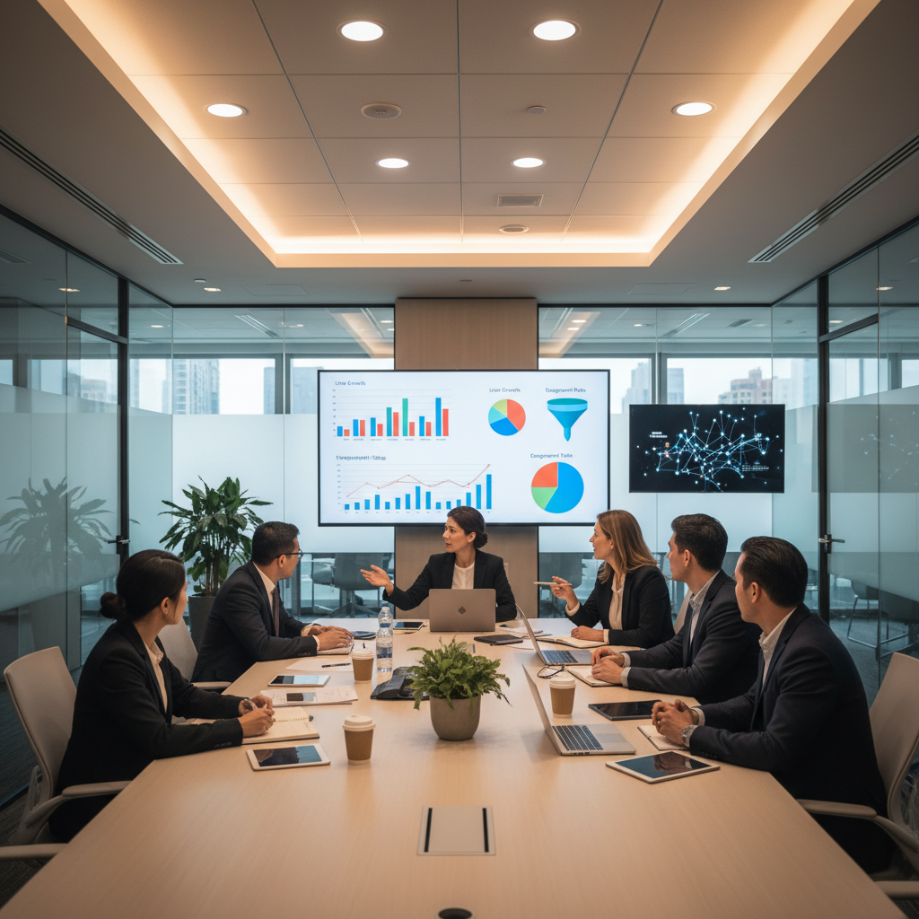Corporate meeting room with marketing professionals discussing mobile app strategy, presentation screens showing growth charts and user engagement metrics, modern office setting with professional atmosphere, no text