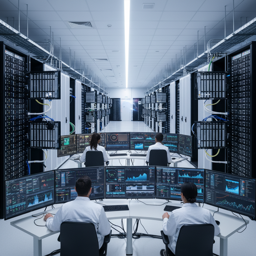 Modern data center with rows of servers and hard drives being analyzed, technicians monitoring drive performance on multiple screens, clean professional environment with LED lighting, realistic photography style, no text