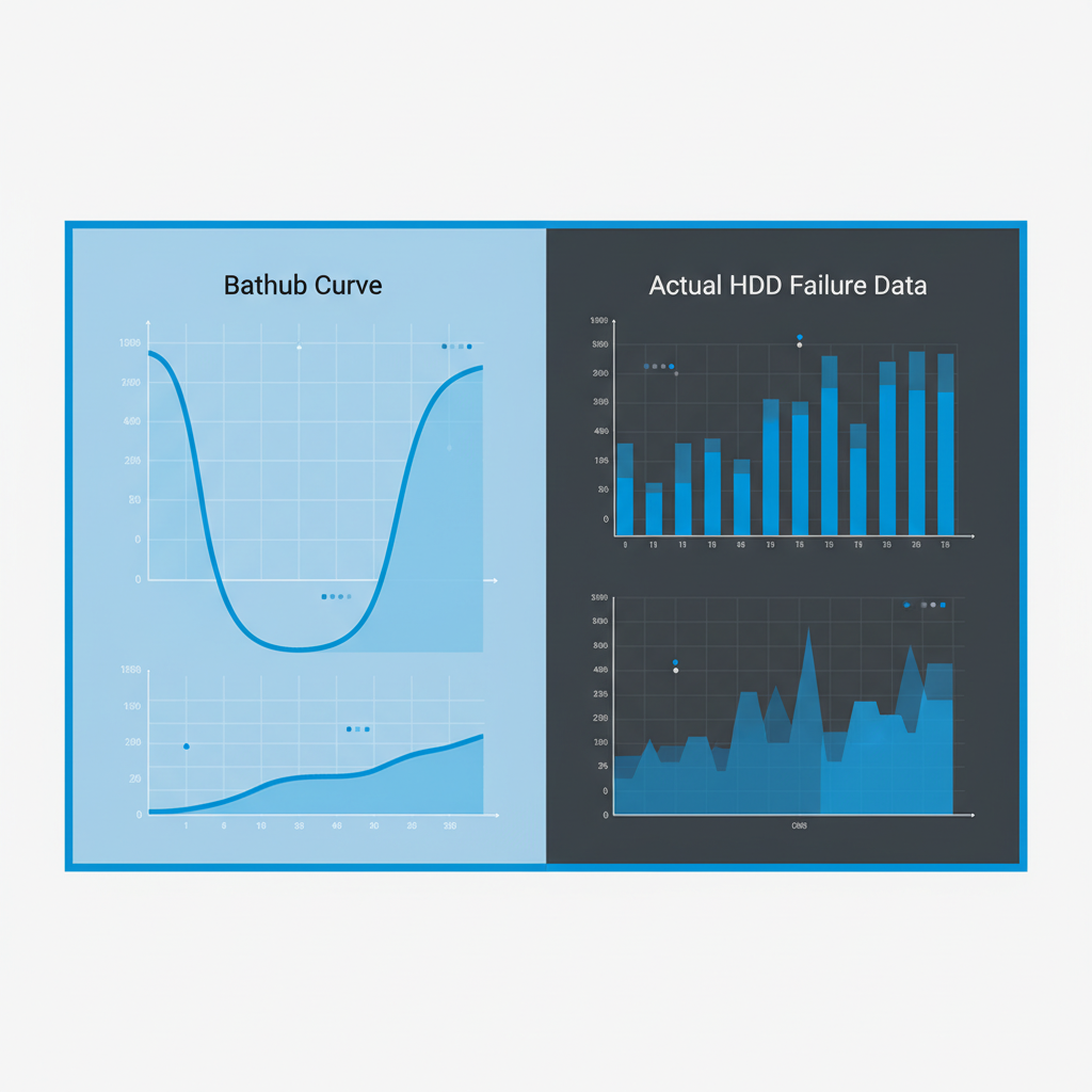 Clean infographic showing bathtub curve theory versus actual HDD failure data, modern data visualization with charts and graphs, professional business style, blue and gray color scheme, no text