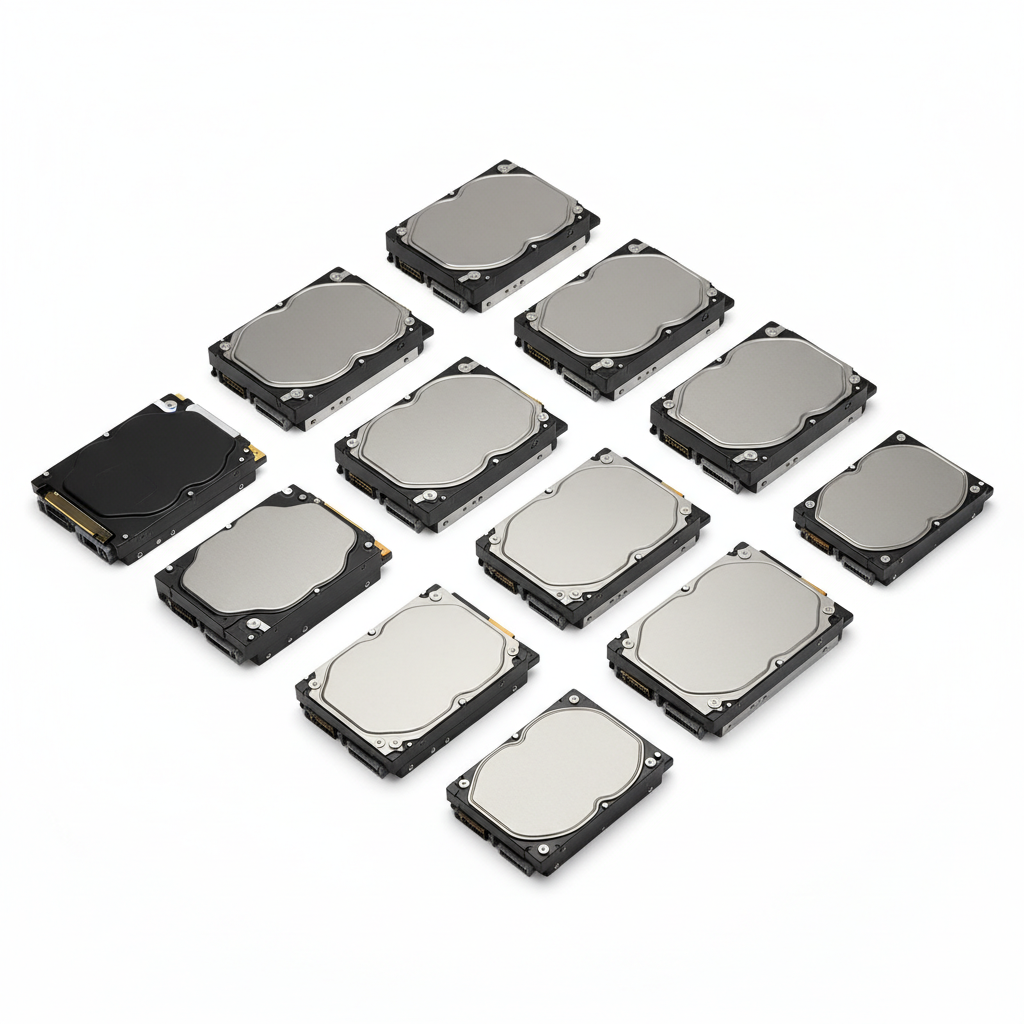 Collection of modern hard disk drives of various capacities from 4TB to 24TB, arranged on clean white background, enterprise-grade storage devices, professional product photography, no text