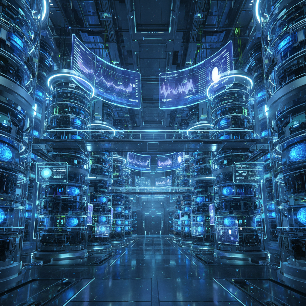 Futuristic data storage facility with advanced hard drives and monitoring systems, holographic displays showing drive health data, sci-fi technology aesthetic, blue lighting, no text