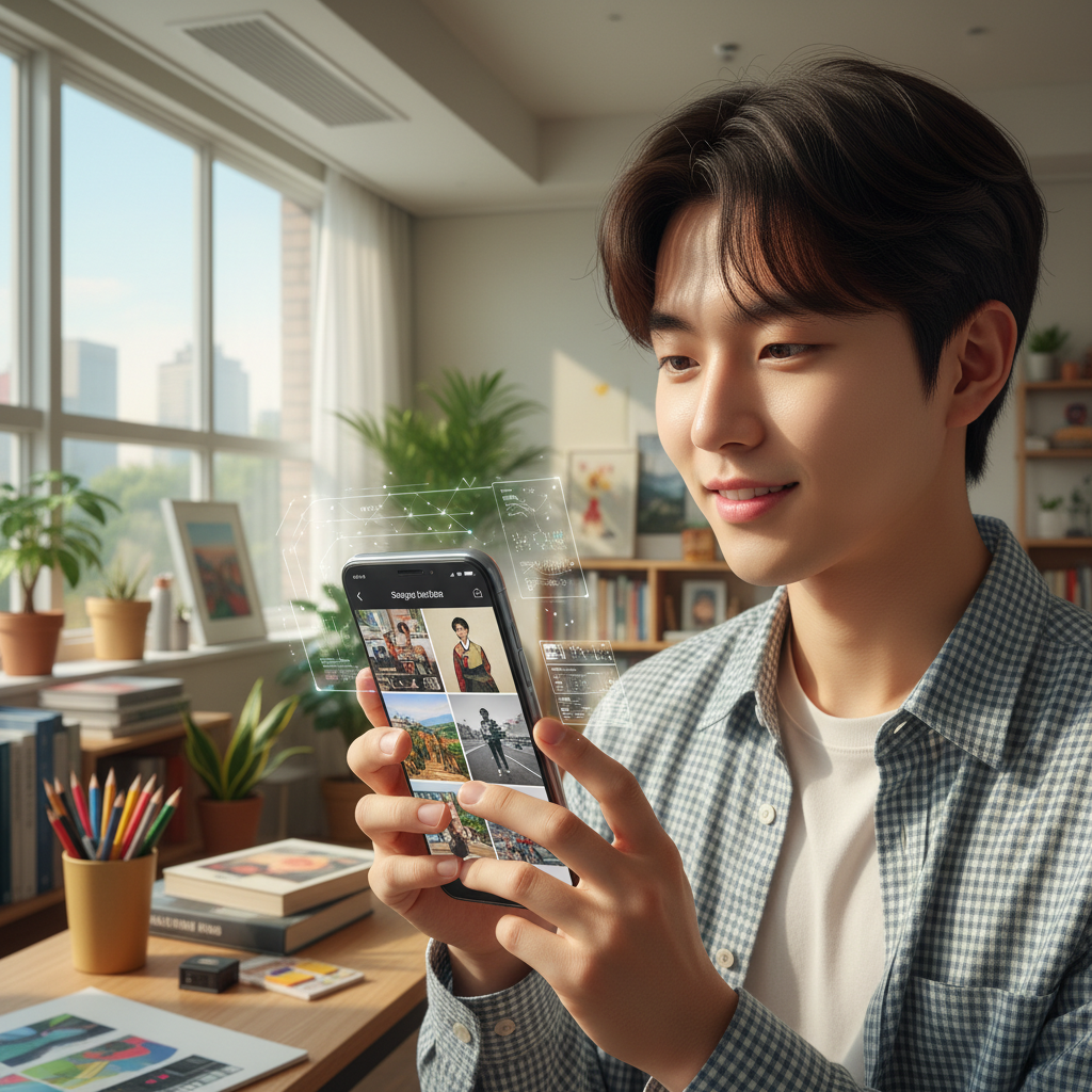 A Korean person looking at their smartphone, which displays various AI-suggested photo edits (like collages, restyling) on a camera roll. The scene is bright and depicts creativity, with subtle AI interface elements. Lifestyle photography, no text.