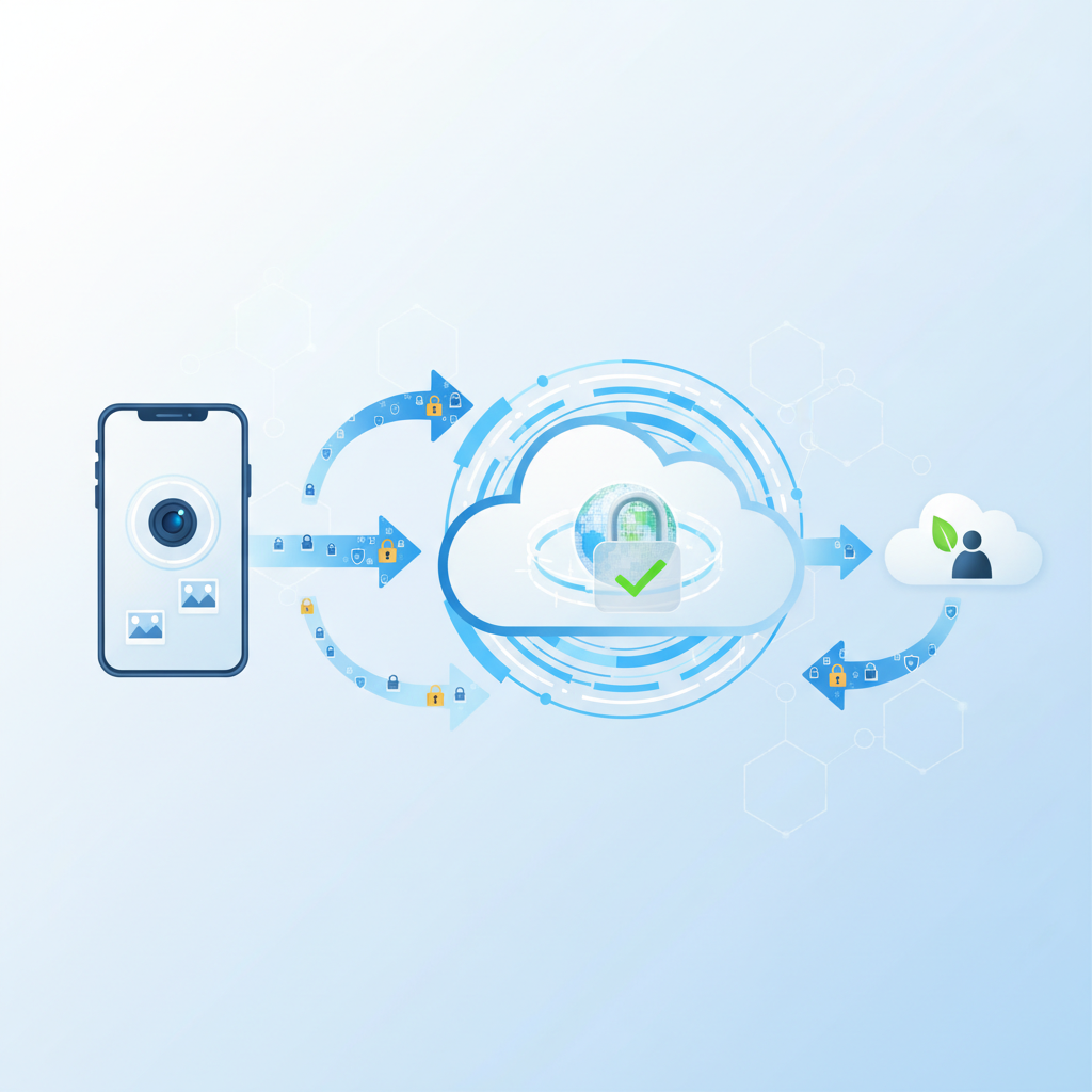 A stylized infographic showing smartphone photos being securely uploaded from a mobile phone to a cloud server, with arrows indicating data flow and processing. Emphasize data security and privacy concepts. Clean infographic style, no text.