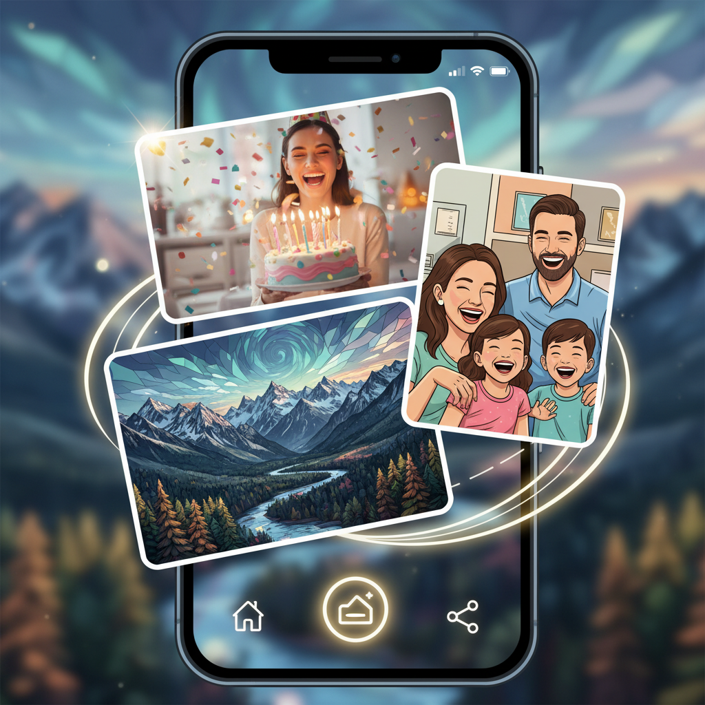 A vibrant collage of various AI-suggested photo edits: a birthday themed photo, a scenic landscape with an AI filter, a fun family photo with a stylistic change, all displayed on a mobile phone interface. Creative and dynamic illustration, no text.