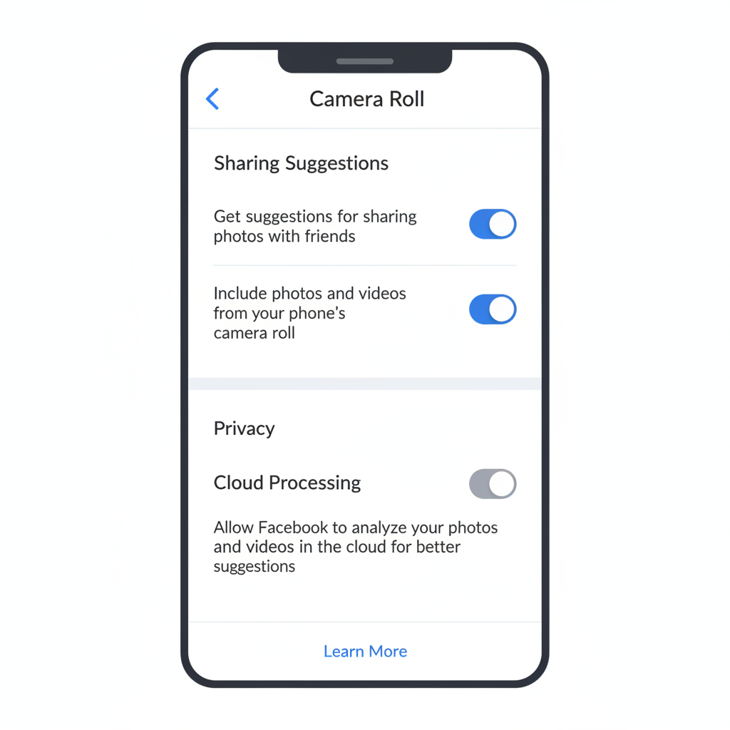 A screenshot-like illustration of a smartphone screen showing Facebook's "Camera roll sharing suggestions" settings page, with two distinct toggles for "sharing suggestions" and "cloud processing" clearly visible. Clean UI design, no text.