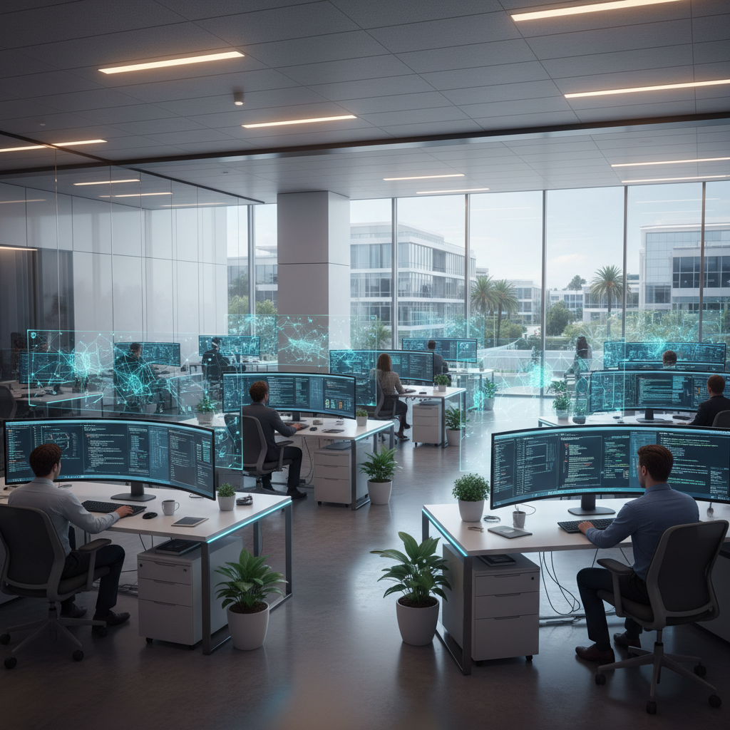 Modern Silicon Valley tech office environment with AI development teams working on computers, futuristic atmosphere with holographic displays showing AI models, clean corporate setting with glass buildings in background, professional lighting, no text
