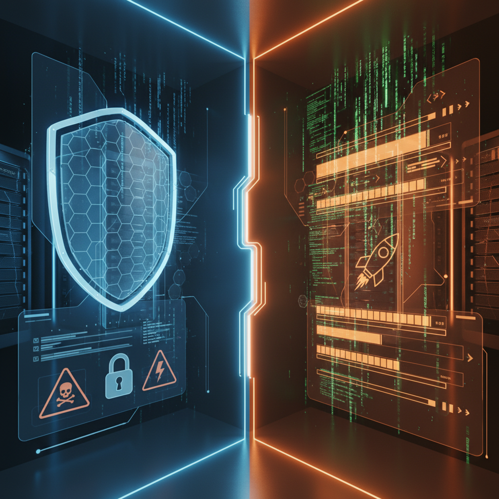 Split screen visualization showing AI safety measures on one side with protective shields and warning signs, and rapid development on the other side with fast-moving code and progress bars, contrasting blue and orange lighting, modern tech aesthetic, no text