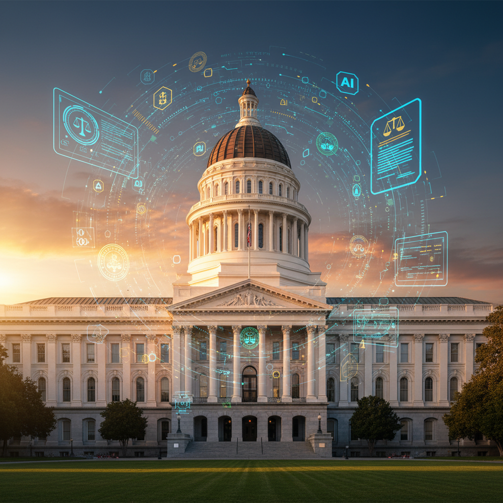 California state capitol building with digital AI symbols and regulatory documents floating around, legal and governmental atmosphere, golden hour lighting, modern infographic style showing the intersection of law and technology, no text