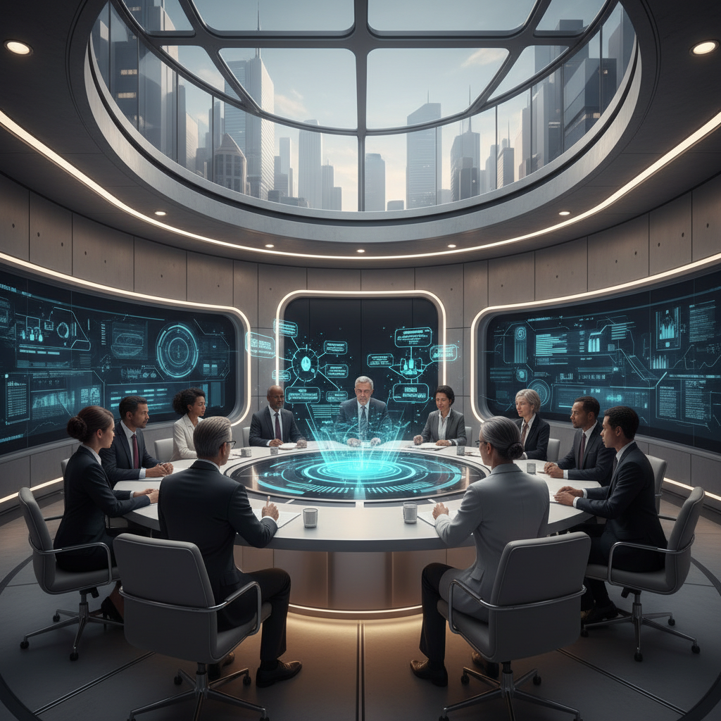 Futuristic conference room with diverse tech leaders, government officials, and AI researchers discussing around a holographic display showing AI development pathways, professional atmosphere with modern architecture, balanced lighting, no text