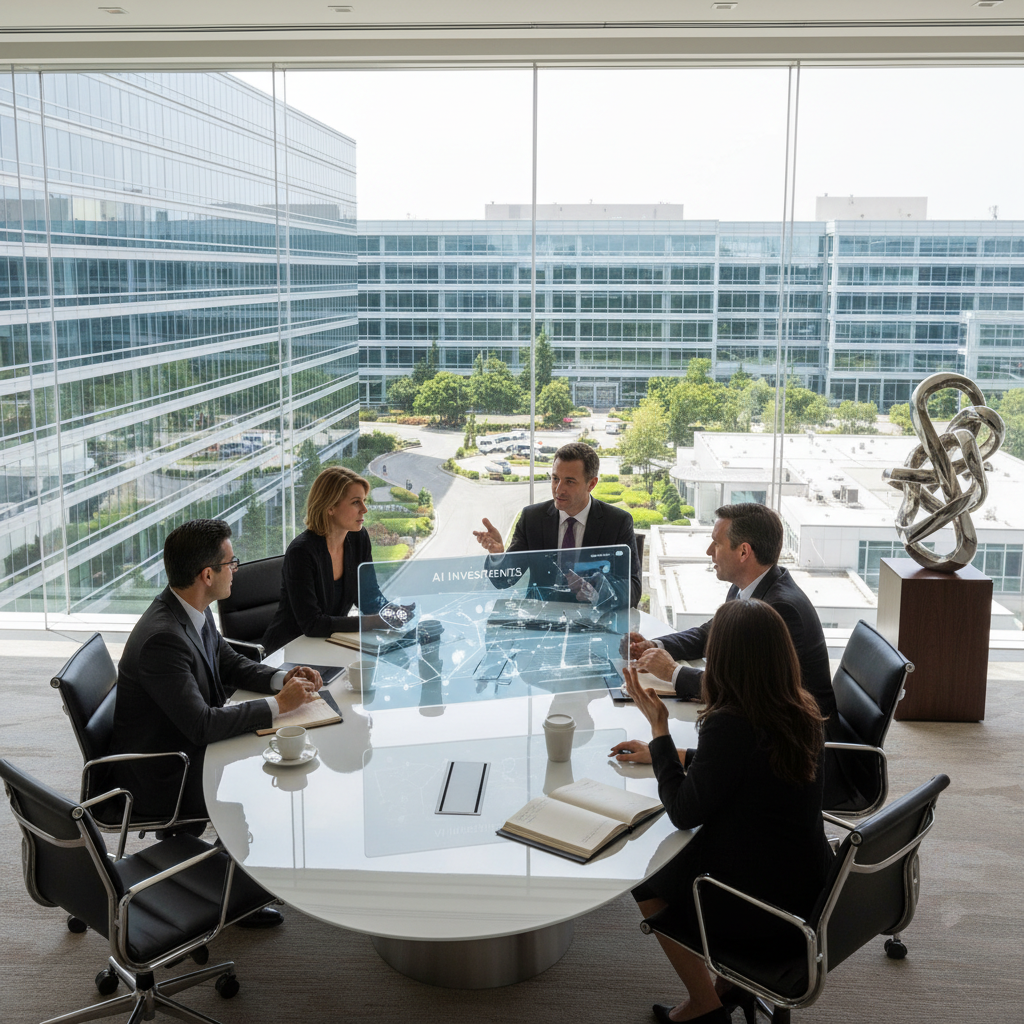 Silicon Valley venture capitalists in a modern boardroom discussing AI investments, large windows showing tech campus views, professional atmosphere with contemporary furniture, business photography style, no text