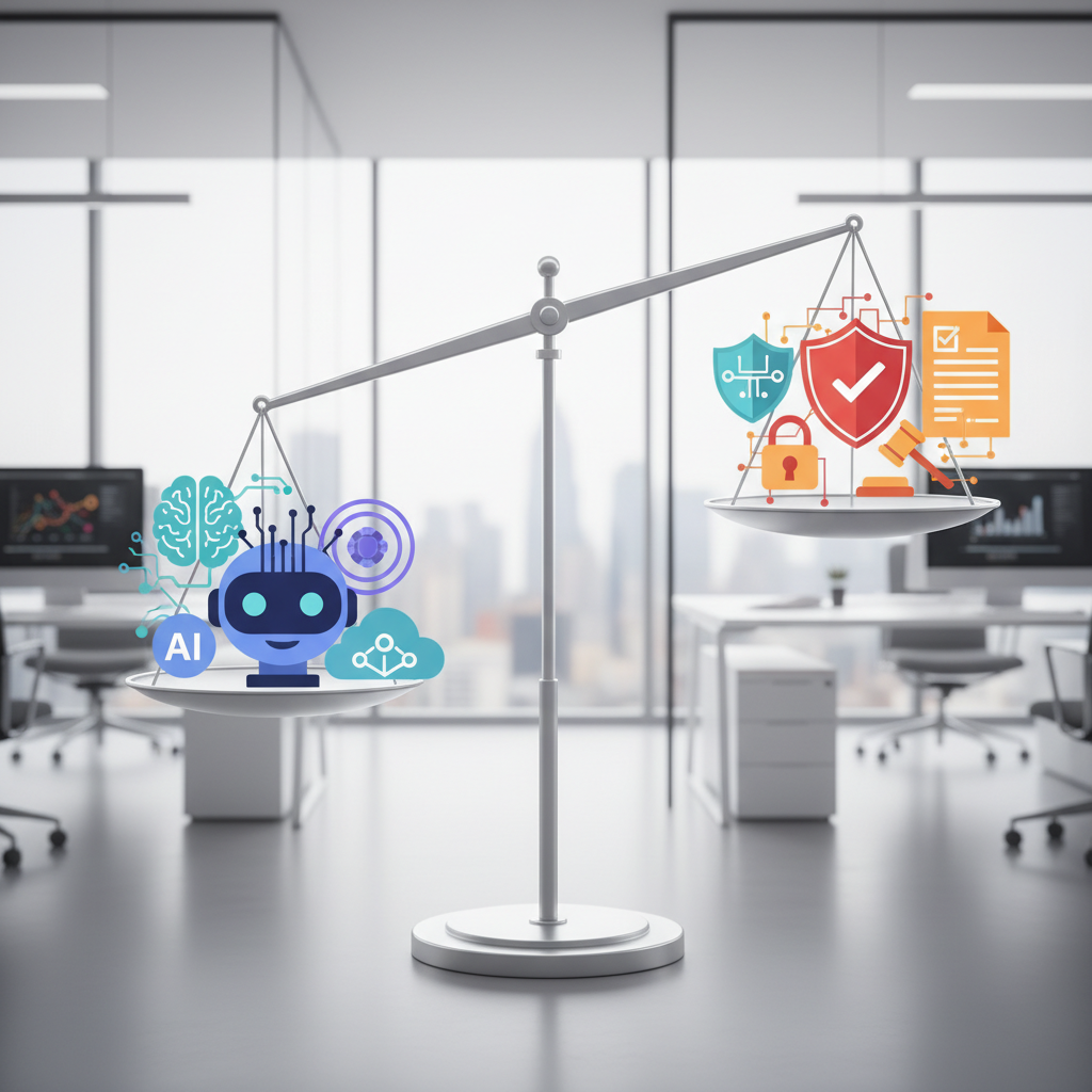 A balanced scale with AI technology symbols on one side and safety regulations on the other, modern office background, professional lighting, clean infographic style, no text
