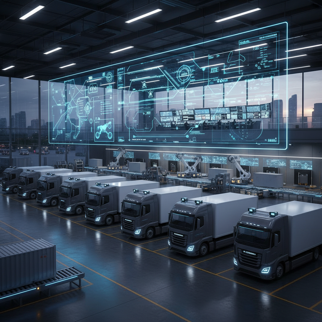 Modern trucking fleet with AI technology integration, logistics center with smart trucks and digital monitoring systems, industrial atmosphere with clean lighting, realistic photography style, no text