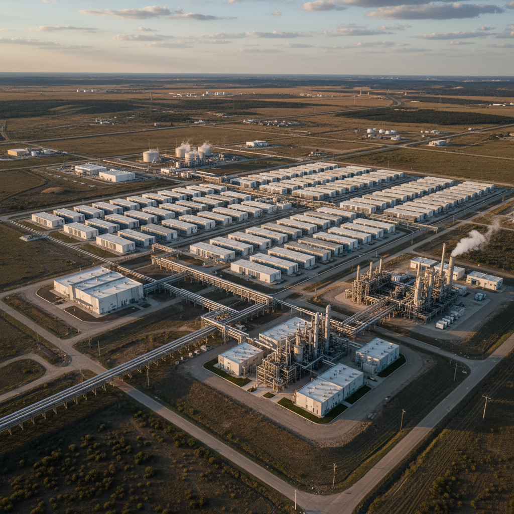 Large-scale data center complex connected to natural gas facilities in Texas landscape, industrial infrastructure with pipelines and cooling towers, aerial view showing the massive scale, realistic photography style, no text