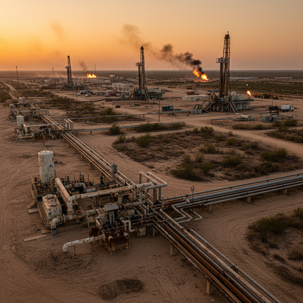 Texas fracking site with natural gas extraction equipment and pipelines stretching across desert landscape, industrial machinery and drilling rigs, documentary photography style showing environmental impact, no text