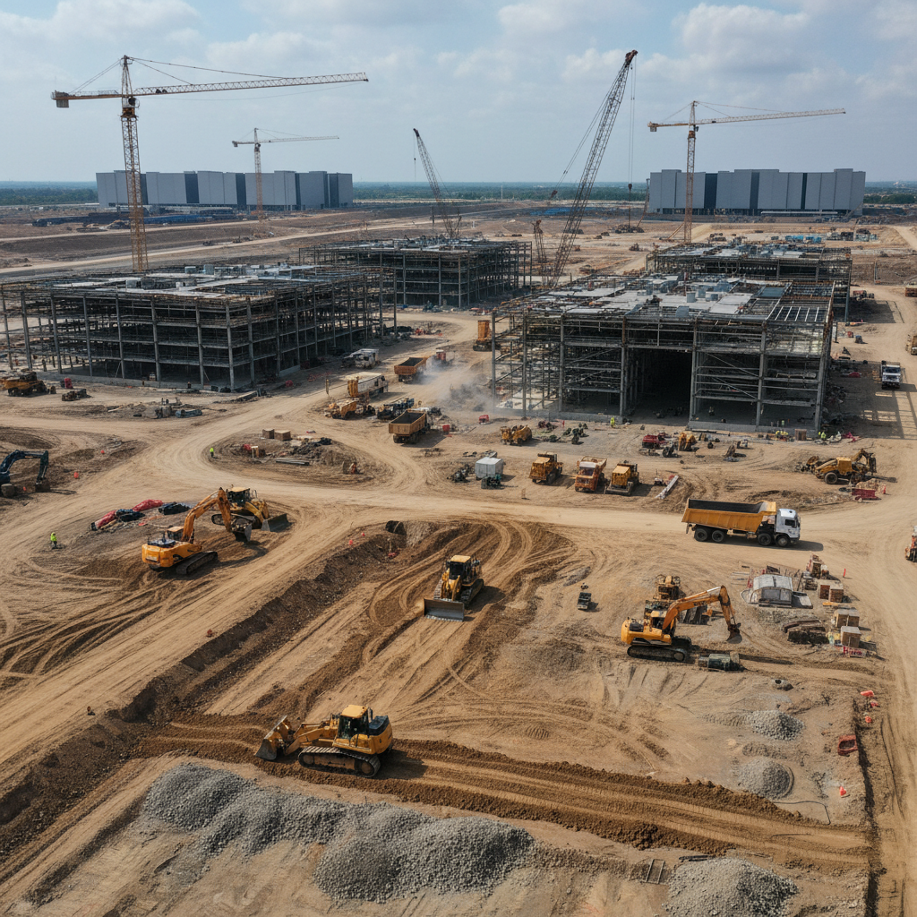 Massive AI data center construction site with bulldozers clearing land, construction cranes and industrial buildings under development, workers and heavy machinery, industrial landscape photography, no text