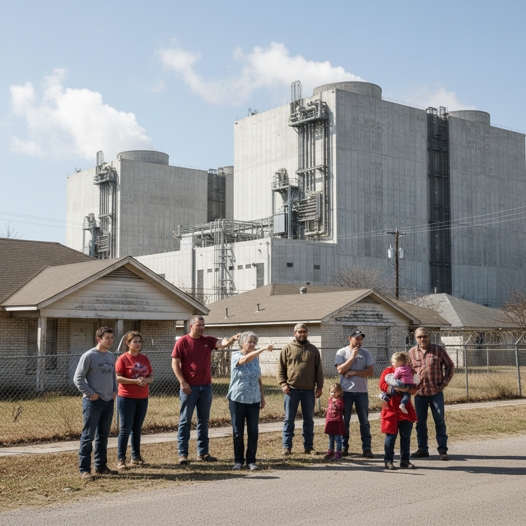 Local Texas residents looking concerned while standing near their homes with industrial AI data center facilities visible in background, documentary style photography showing community impact, natural lighting, no text