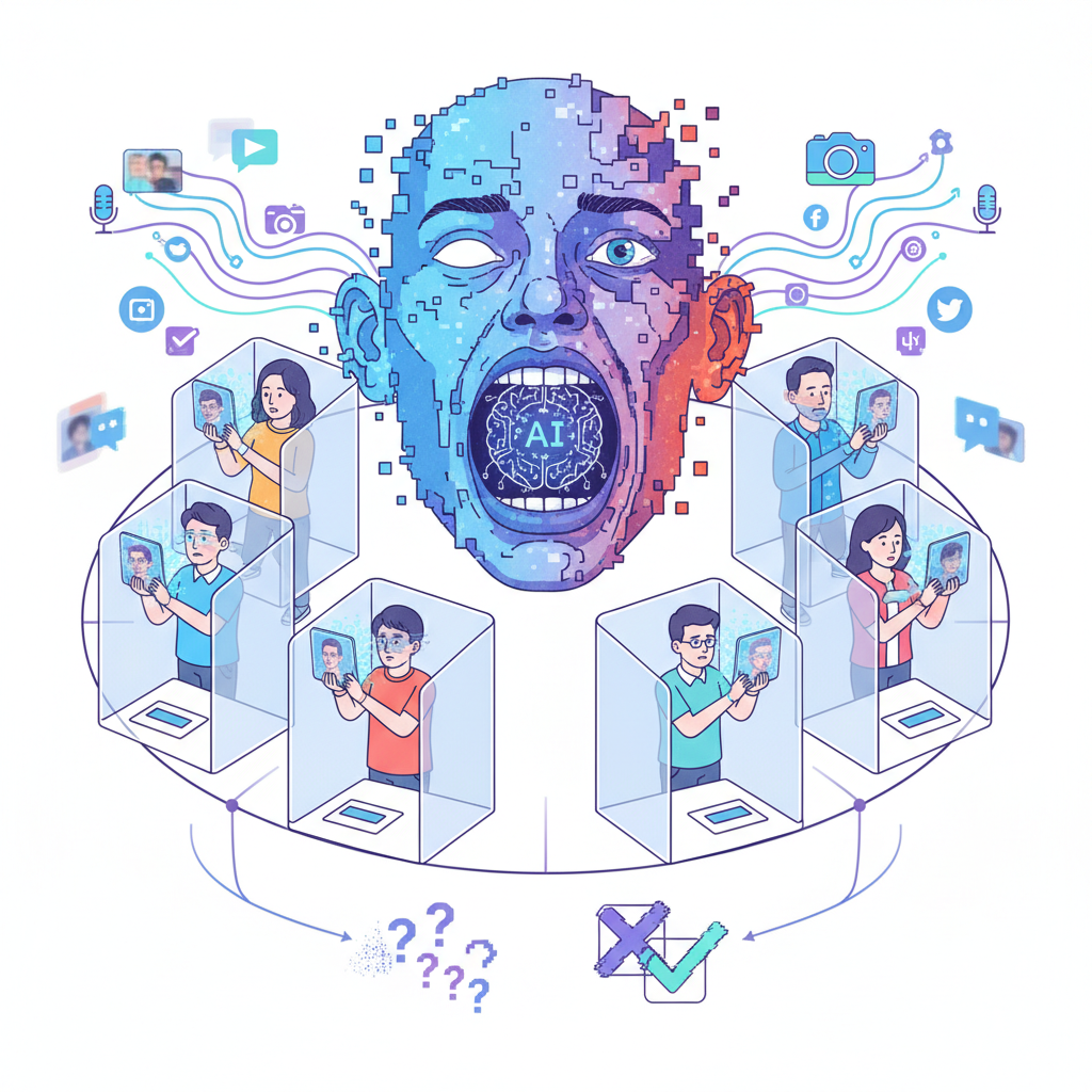 An infographic illustrating the complex nature of AI deepfake political ads. Show various elements like distorted faces, AI symbols, voting booths, and confused voters. Clean infographic style, no text, Korean subjects in the voting booth context.