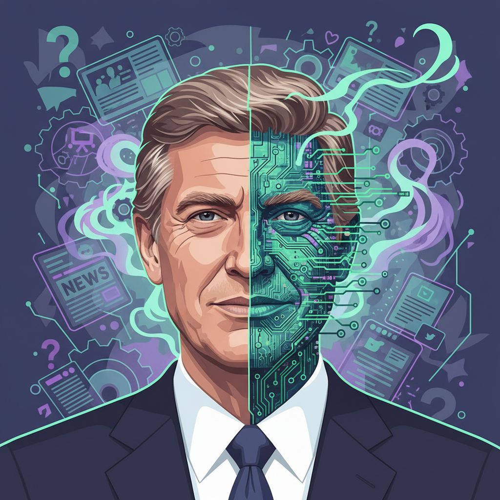 A stylized illustration depicting the risks of deepfakes in political advertising. Show a person's face being digitally manipulated with AI code, creating a false image, surrounded by a subtle aura of deception. Illustration style, clean, no text.