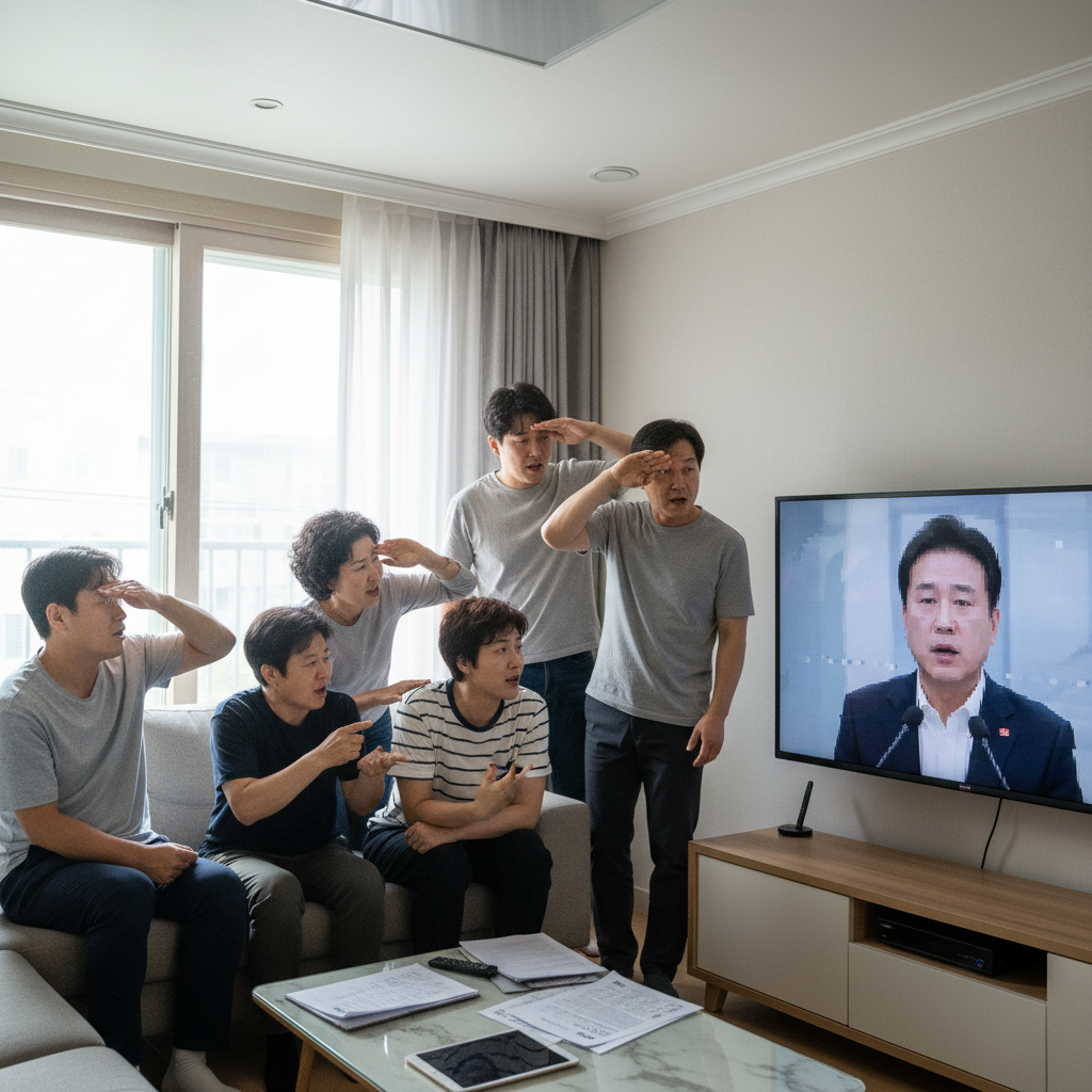 A group of diverse Korean voters looking confused and questioning while watching a screen showing a deepfake video. Express their uncertainty and frustration. Lifestyle photography style, natural lighting, no text.