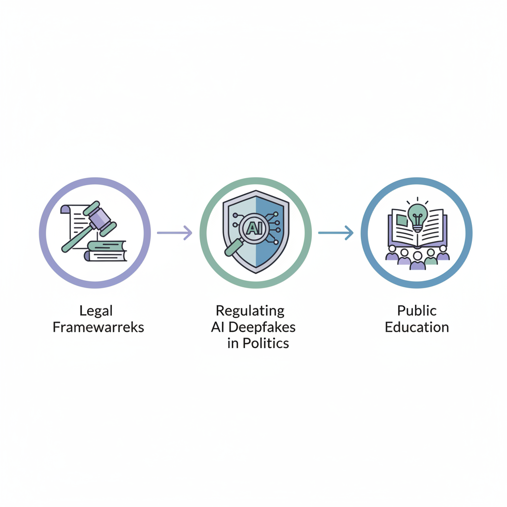 An infographic showing various solutions for regulating AI deepfakes in politics, such as legal frameworks, technological detection, and public education represented by icons. Clean infographic style, no text.